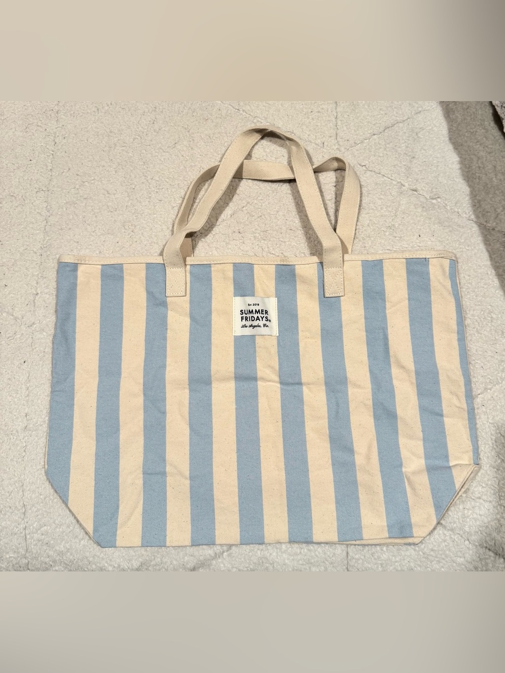 Summer Fridays Striped Canvas Tote in Light Blue and Cream